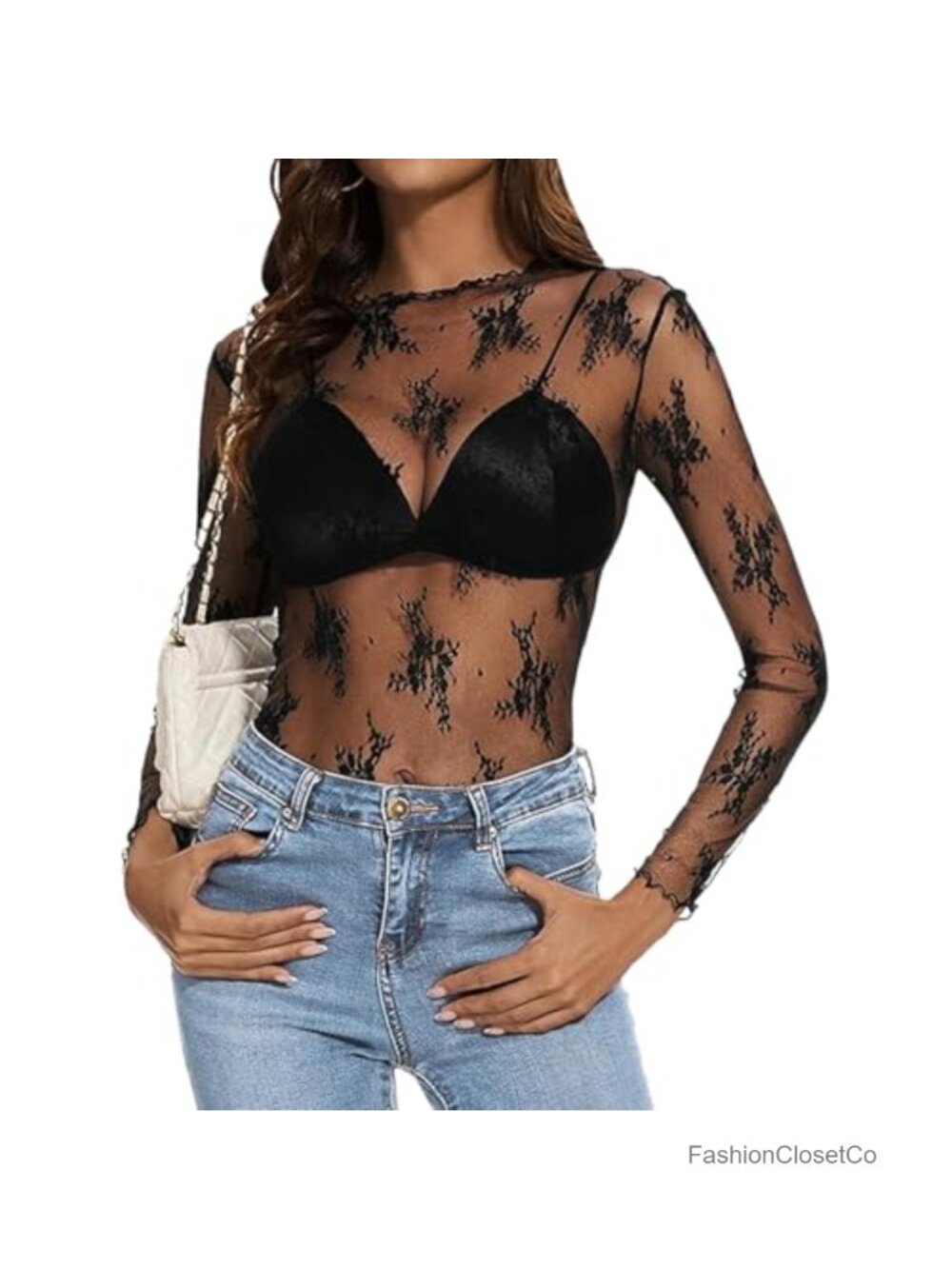 Women's Sheer Mesh Long Sleeve Mock Neck Lace Layering Top